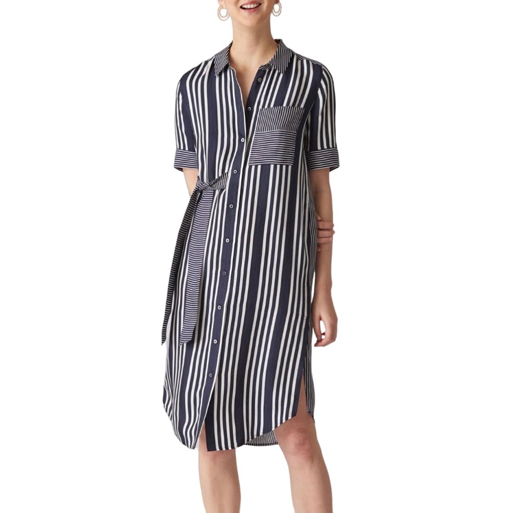 Whistles Blue & White Striped Button Front Midi Shirt Dress Size 4